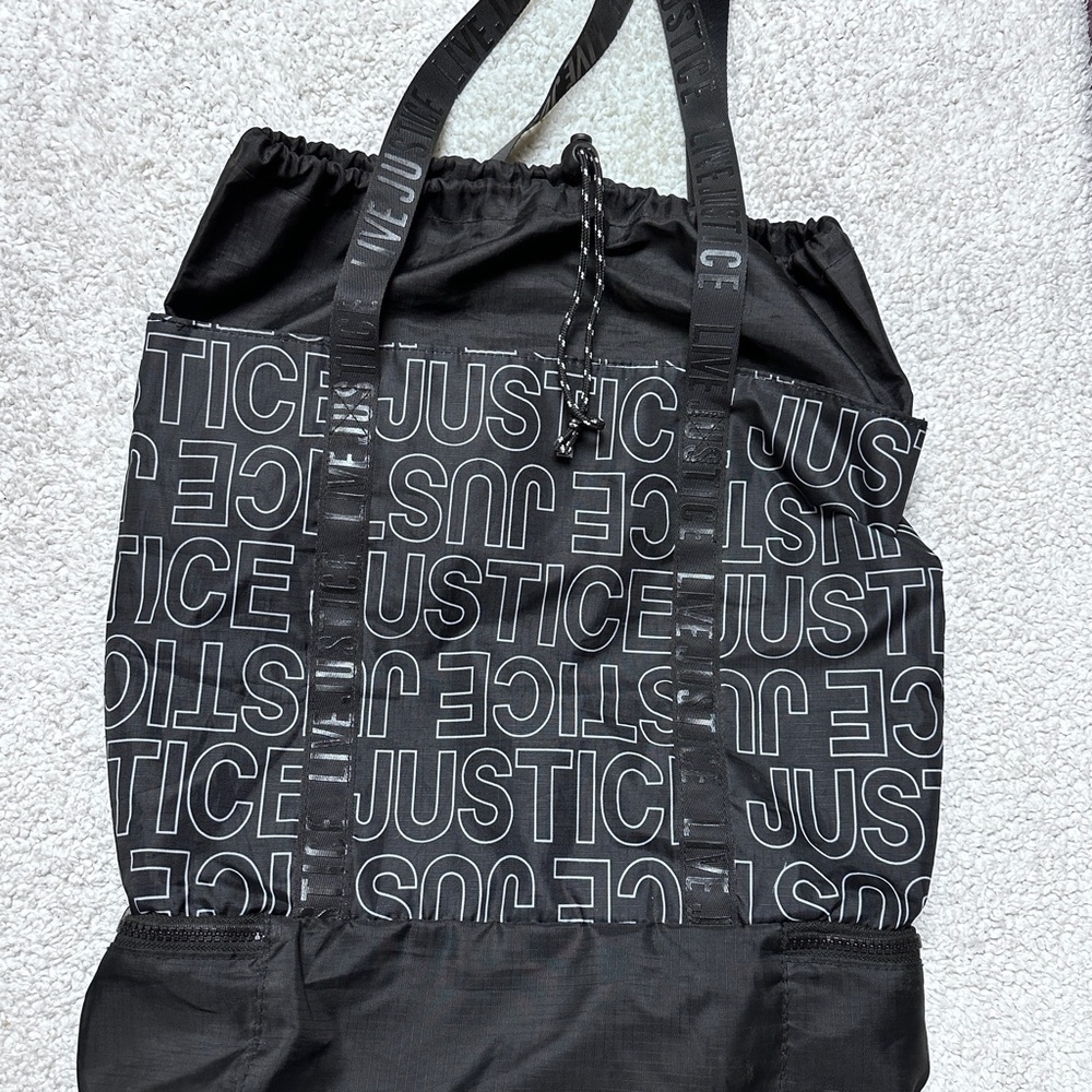 Justice logo black drawstring tote bag overnight dance / sports rucksack Tote